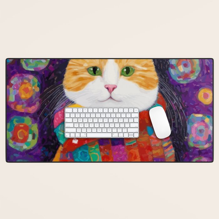 Gustav Klimt Style Painting of Tabby Cat with Green Eyes Desk Mat Gallery Image 1