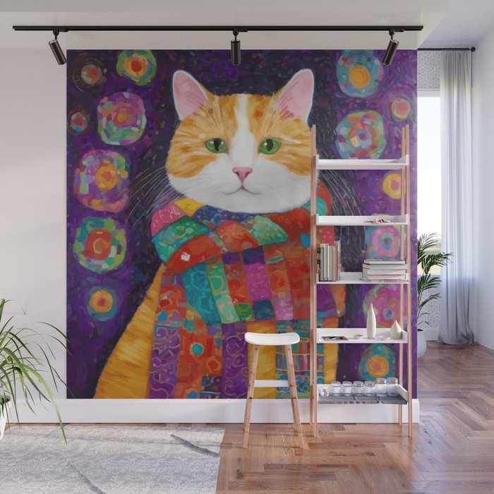 Gustav Klimt Style Painting of Tabby Cat with Green Eyes Wall Mural Gallery Image 1