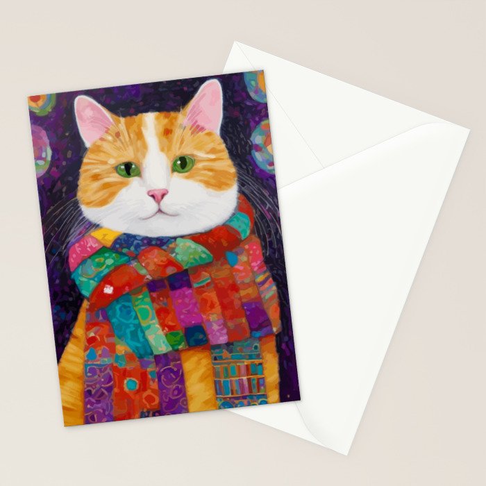 Gustav Klimt Style Painting of Tabby Cat with Green Eyes Stationery Card Gallery Image 2