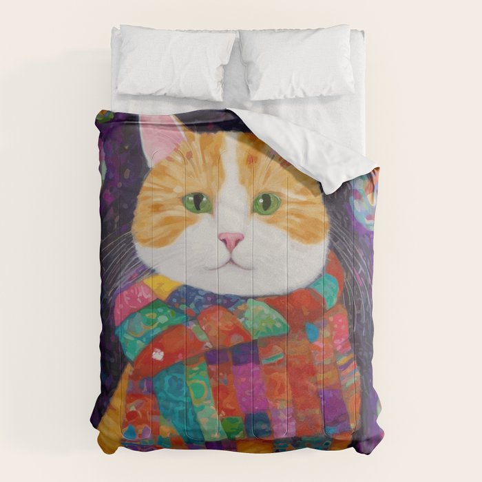 Gustav Klimt Style Painting of Tabby Cat with Green Eyes Comforter Gallery Image 6