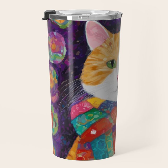 Gustav Klimt Style Painting of Tabby Cat with Green Eyes Travel Mug Gallery Image 3