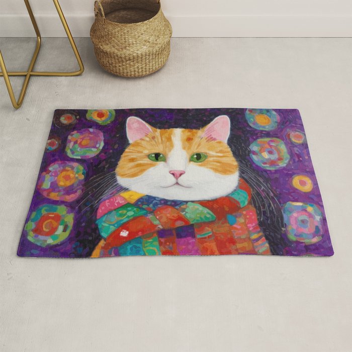 Gustav Klimt Style Painting of Tabby Cat with Green Eyes Rug Gallery Image 1