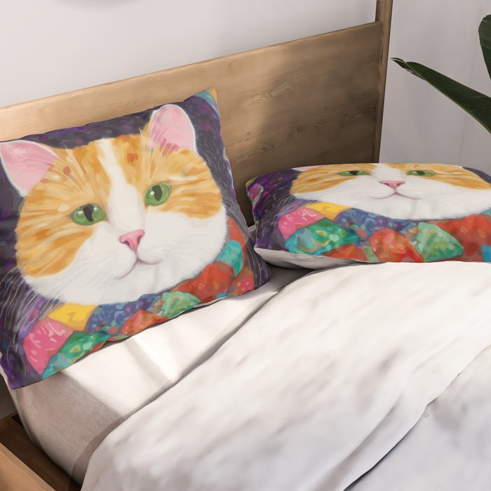 Gustav Klimt Style Painting of Tabby Cat with Green Eyes Pillow Sham Gallery Image 2