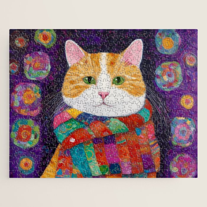 Gustav Klimt Style Painting of Tabby Cat with Green Eyes Jigsaw Puzzle Gallery Image 1