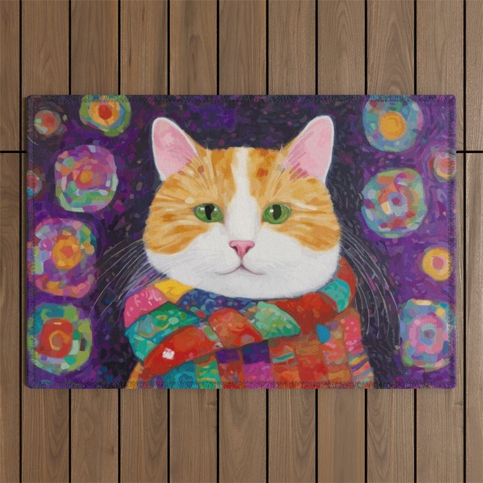 Gustav Klimt Style Painting of Tabby Cat with Green Eyes Outdoor Rug Gallery Image 1