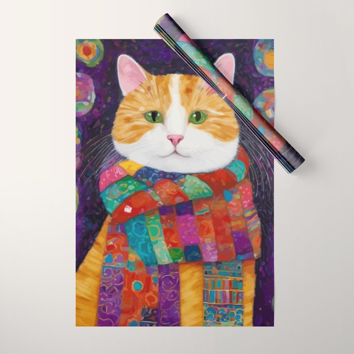 Gustav Klimt Style Painting of Tabby Cat with Green Eyes Wrapping Paper Gallery Image 1