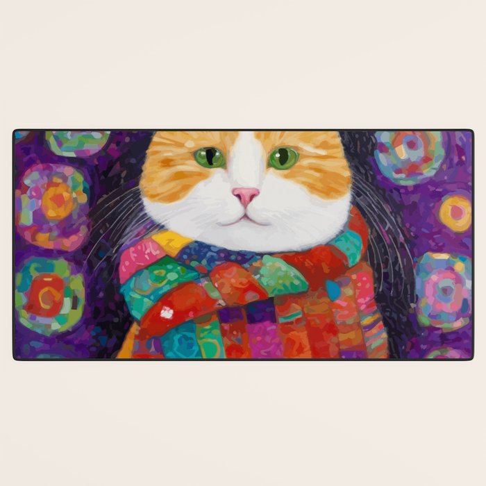 Gustav Klimt Style Painting of Tabby Cat with Green Eyes Desk Mat Gallery Image 3
