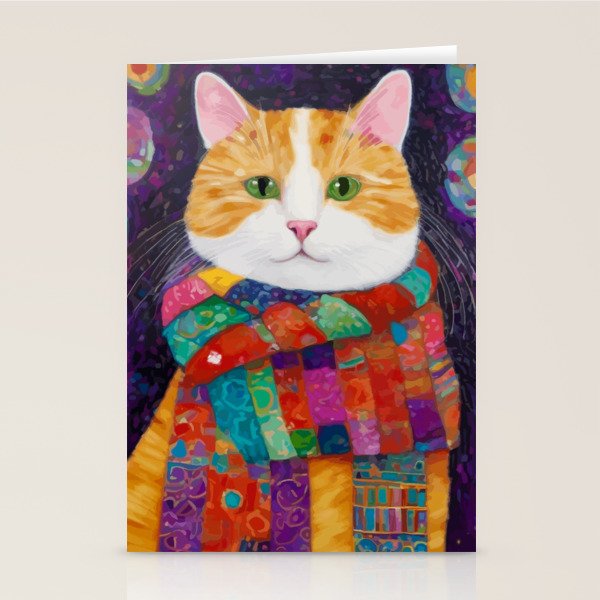 Gustav Klimt Style Painting of Tabby Cat with Green Eyes Stationery Card Gallery Image 1