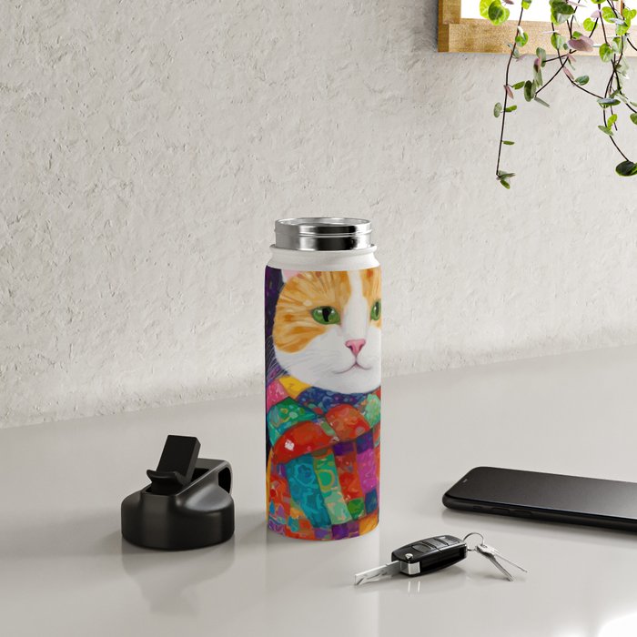 Gustav Klimt Style Painting of Tabby Cat with Green Eyes Water Bottle Gallery Image 4