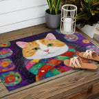 Gustav Klimt Style Painting of Tabby Cat with Green Eyes Outdoor Rug Gallery Image 2