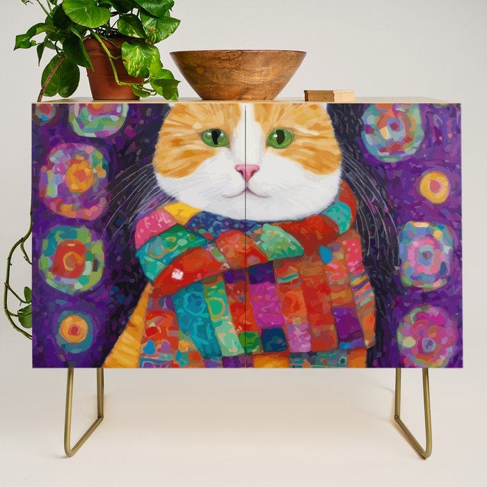 Gustav Klimt Style Painting of Tabby Cat with Green Eyes Credenza Gallery Image 1