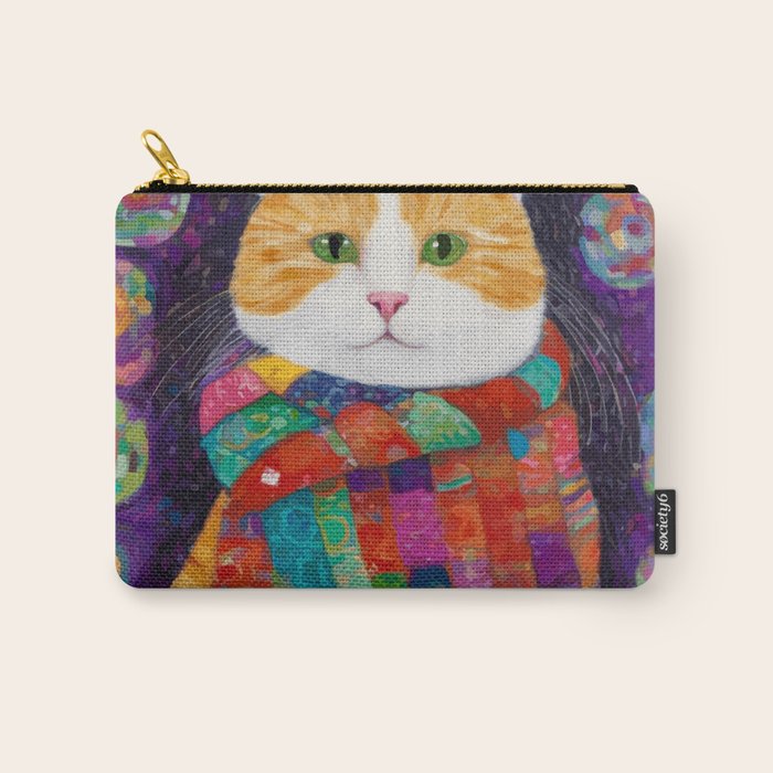Gustav Klimt Style Painting of Tabby Cat with Green Eyes Carry All Pouch Gallery Image 1