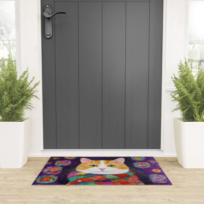 Gustav Klimt Style Painting of Tabby Cat with Green Eyes Welcome Mat Gallery Image 3
