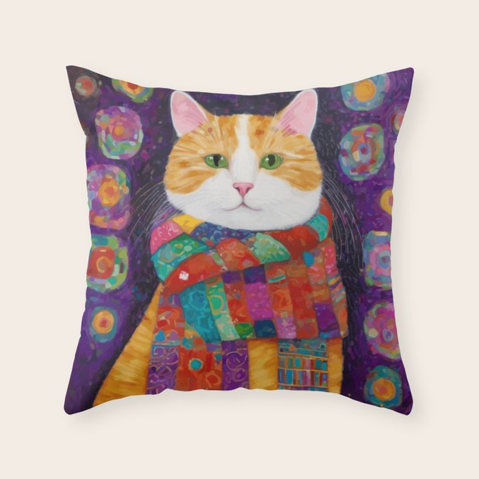 Gustav Klimt Style Painting of Tabby Cat with Green Eyes Throw Pillow Gallery Image 6