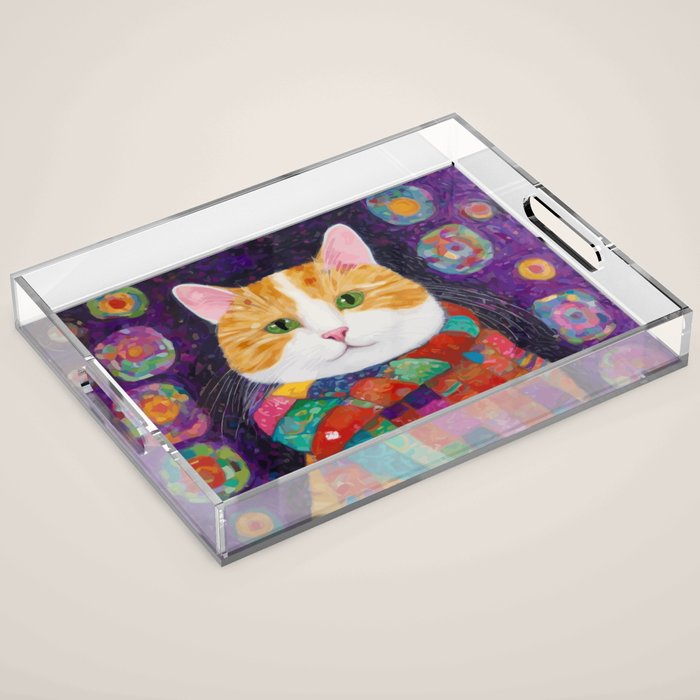 Gustav Klimt Style Painting of Tabby Cat with Green Eyes Acrylic Tray Gallery Image 1