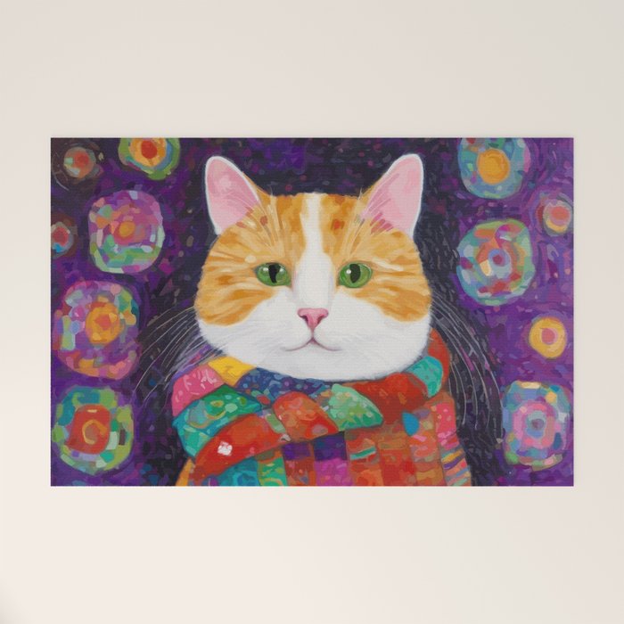 Gustav Klimt Style Painting of Tabby Cat with Green Eyes Welcome Mat Gallery Image 1