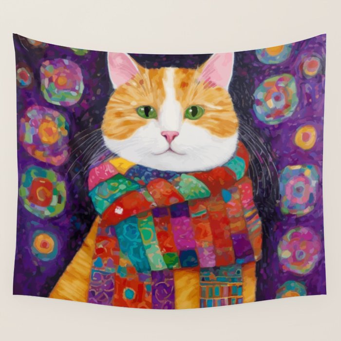 Gustav Klimt Style Painting of Tabby Cat with Green Eyes Wall Tapestry Gallery Image 4