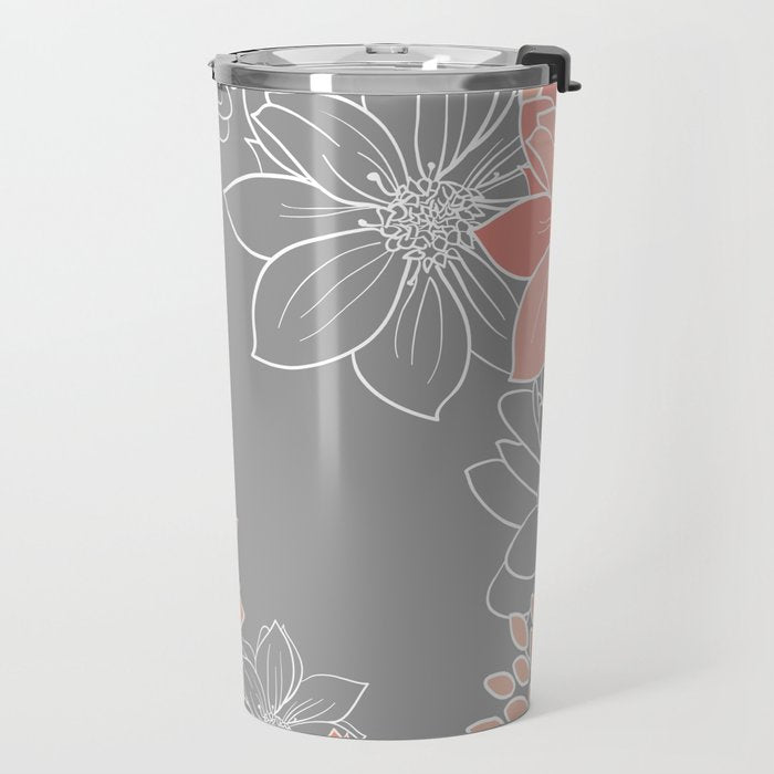 Festive, Floral Prints and Line Art, Gray and Coral Travel Mug Gallery Image 2