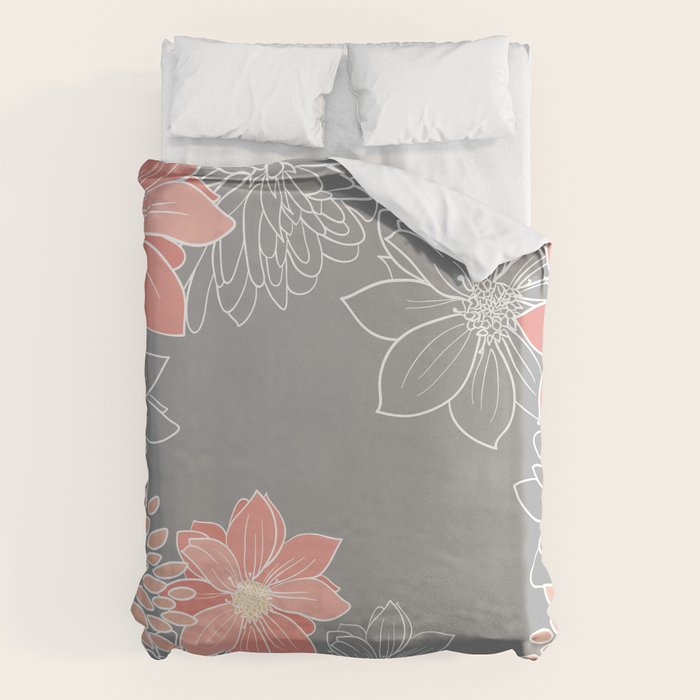 Festive, Floral Prints and Line Art, Gray and Coral Duvet Cover Gallery Image 1