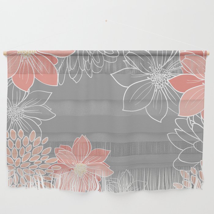 Festive, Floral Prints and Line Art, Gray and Coral Wall Hanging Gallery Image 1
