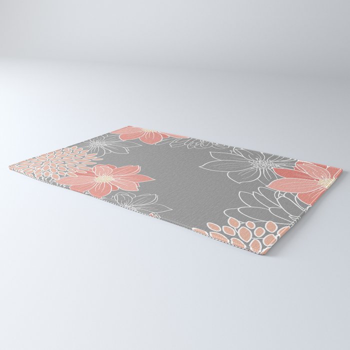Festive, Floral Prints and Line Art, Gray and Coral Rug Gallery Image 3
