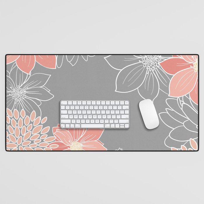 Festive, Floral Prints and Line Art, Gray and Coral Desk Mat Gallery Image 1