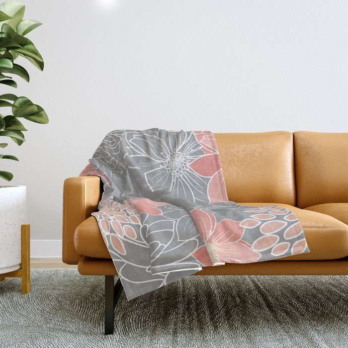 Festive, Floral Prints and Line Art, Gray and Coral Throw Blanket Gallery Image 1