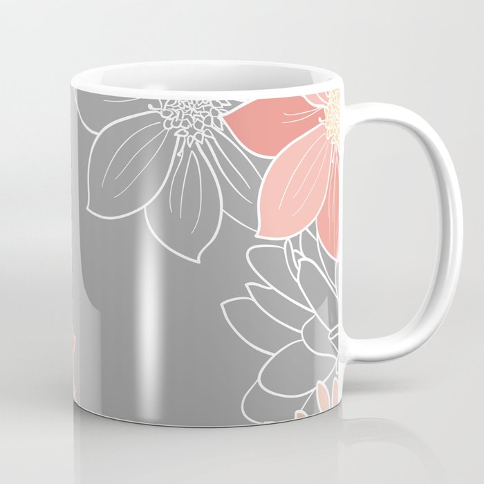 Festive, Floral Prints and Line Art, Gray and Coral Coffee Mug Gallery Image 1