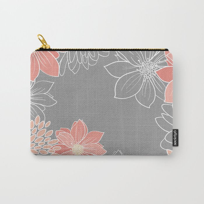 Festive, Floral Prints and Line Art, Gray and Coral Carry All Pouch Gallery Image 1