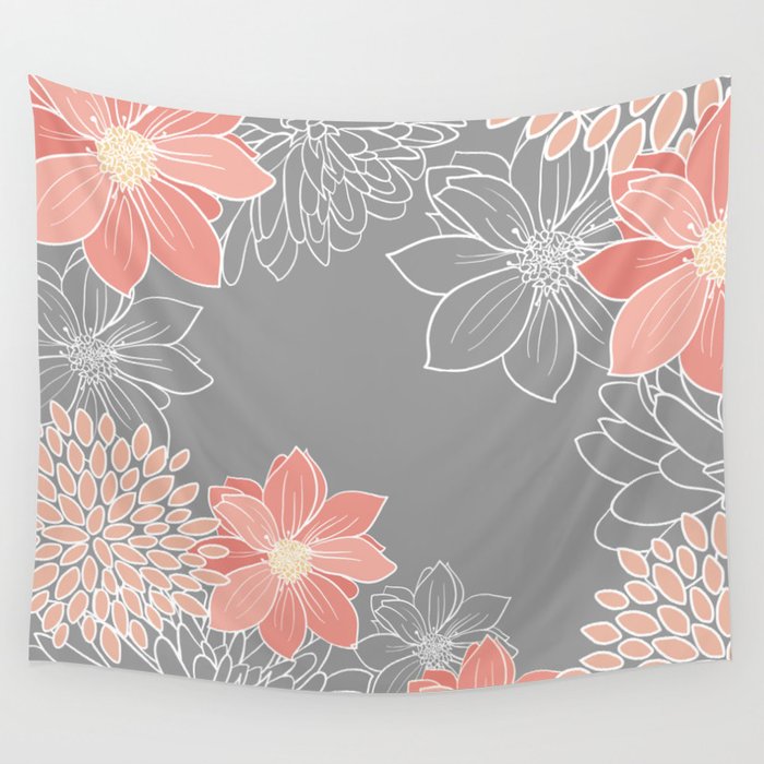 Festive, Floral Prints and Line Art, Gray and Coral Wall Tapestry Gallery Image 1