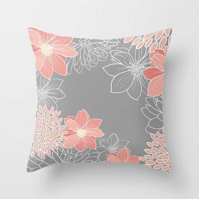 Festive, Floral Prints and Line Art, Gray and Coral Throw Pillow Gallery Image 1