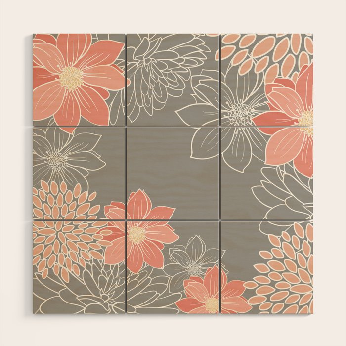 Festive, Floral Prints and Line Art, Gray and Coral Wood Wall Art Gallery Image 1