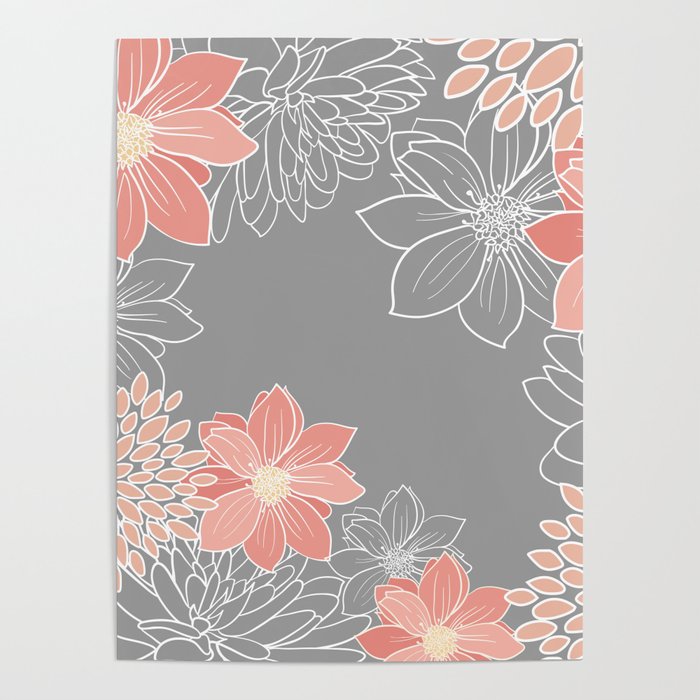 Festive, Floral Prints and Line Art, Gray and Coral Poster Gallery Image 4
