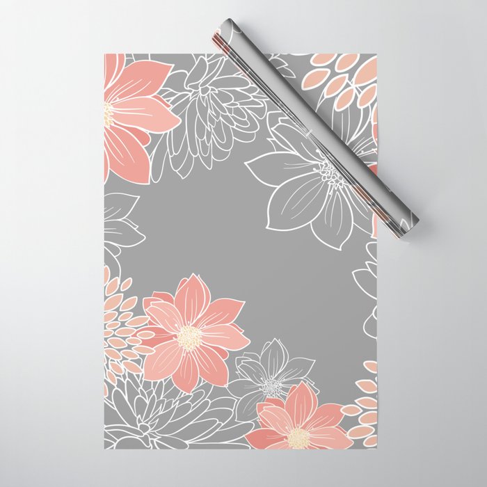 Festive, Floral Prints and Line Art, Gray and Coral Wrapping Paper Gallery Image 1