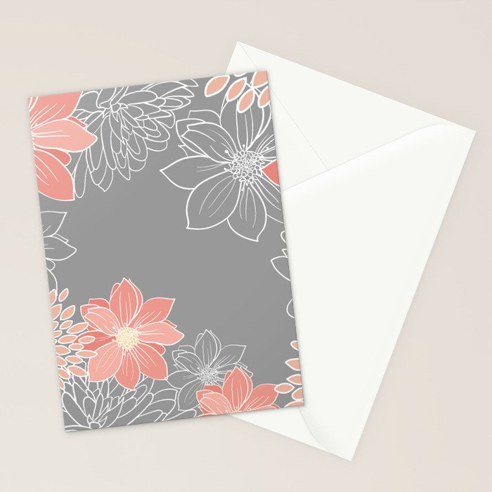 Festive, Floral Prints and Line Art, Gray and Coral Stationery Card Gallery Image 2