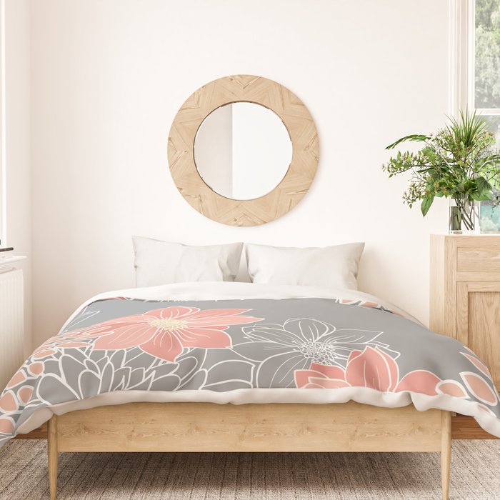 Festive, Floral Prints and Line Art, Gray and Coral Duvet Cover Gallery Image 3