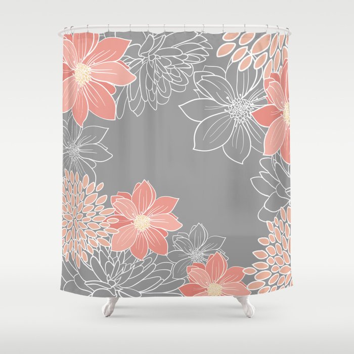 Festive, Floral Prints and Line Art, Gray and Coral Shower Curtain Gallery Image 1