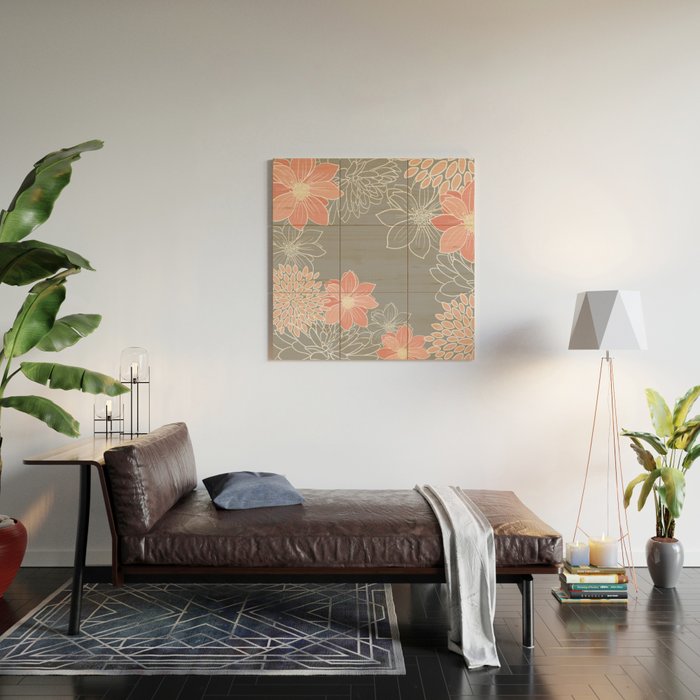 Festive, Floral Prints and Line Art, Gray and Coral Wood Wall Art Gallery Image 2