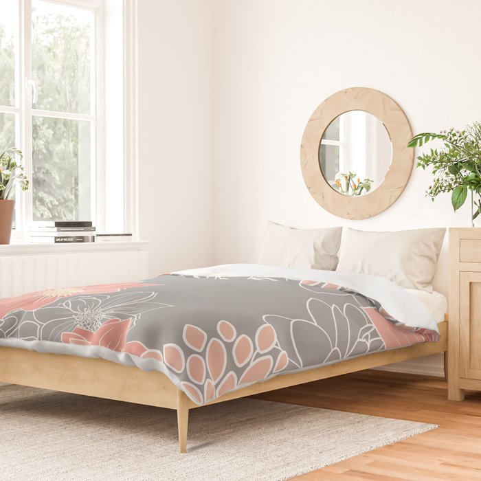 Festive, Floral Prints and Line Art, Gray and Coral Duvet Cover Gallery Image 2
