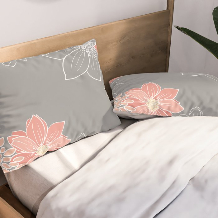 Festive, Floral Prints and Line Art, Gray and Coral Pillow Sham Gallery Image 2