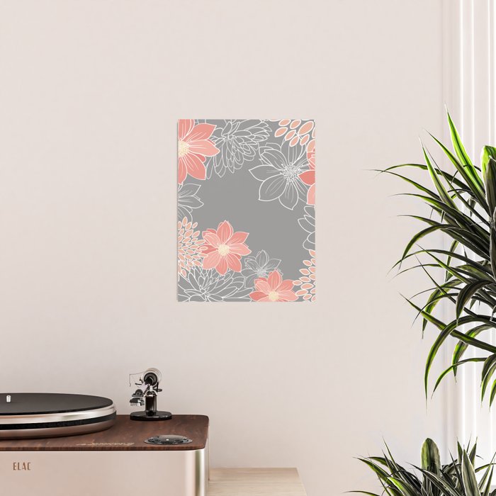 Festive, Floral Prints and Line Art, Gray and Coral Poster Gallery Image 2