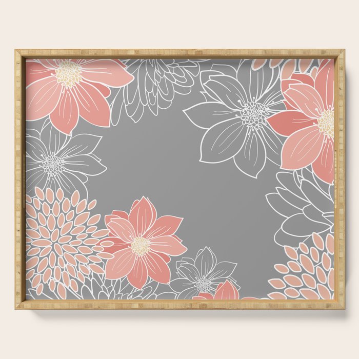 Festive, Floral Prints and Line Art, Gray and Coral Serving Tray Gallery Image 1