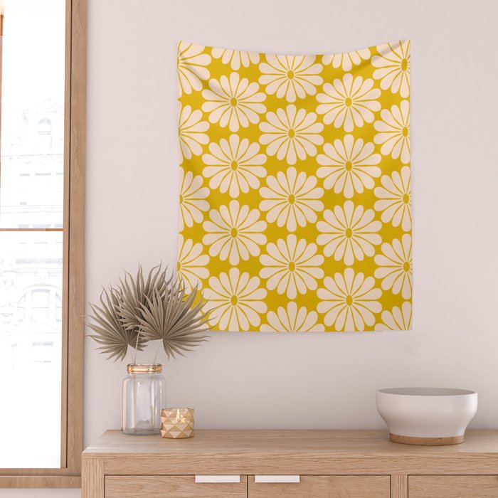 Retro Modern Daisy - Yellow Mostard Wall Tapestry Gallery Image 2