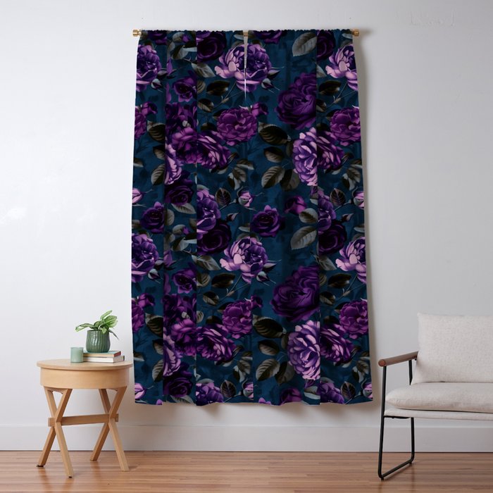 Velveteen Moody Flower Grandeur Plum Blue Teal Window Curtain Gallery Image 1
