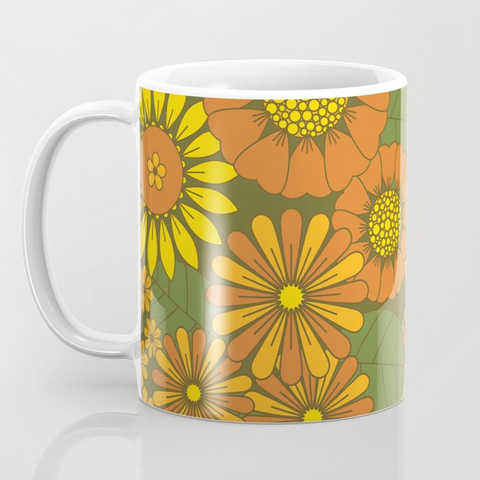 Orange, Brown, Yellow and Green Retro Daisy Pattern Coffee Mug Gallery Image 3