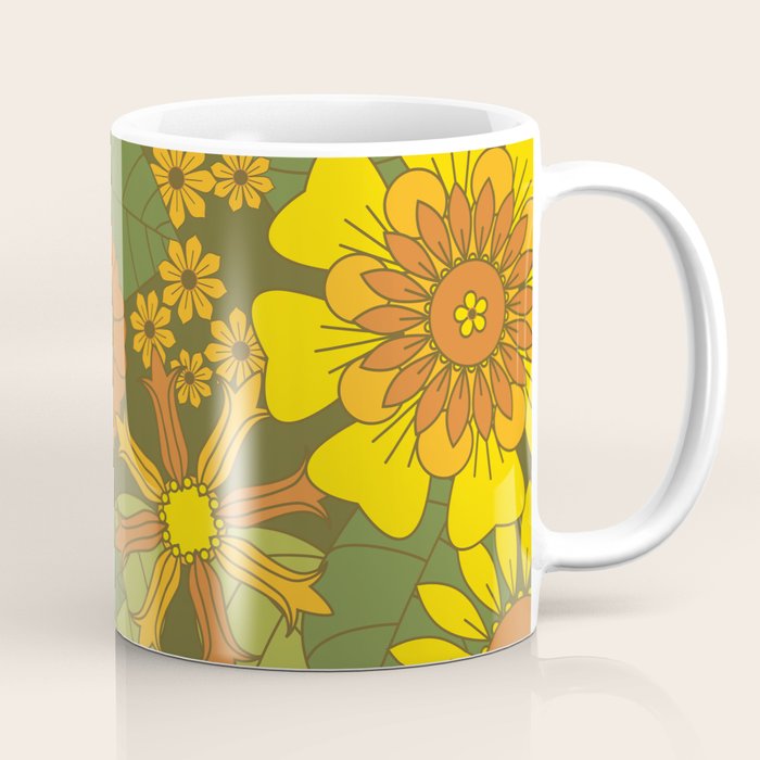 Orange, Brown, Yellow and Green Retro Daisy Pattern Coffee Mug Gallery Image 1