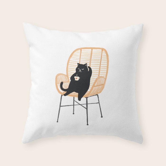 Lazy cat 2 enjoying coffee on rattan chair  Throw Pillow Gallery Image 6