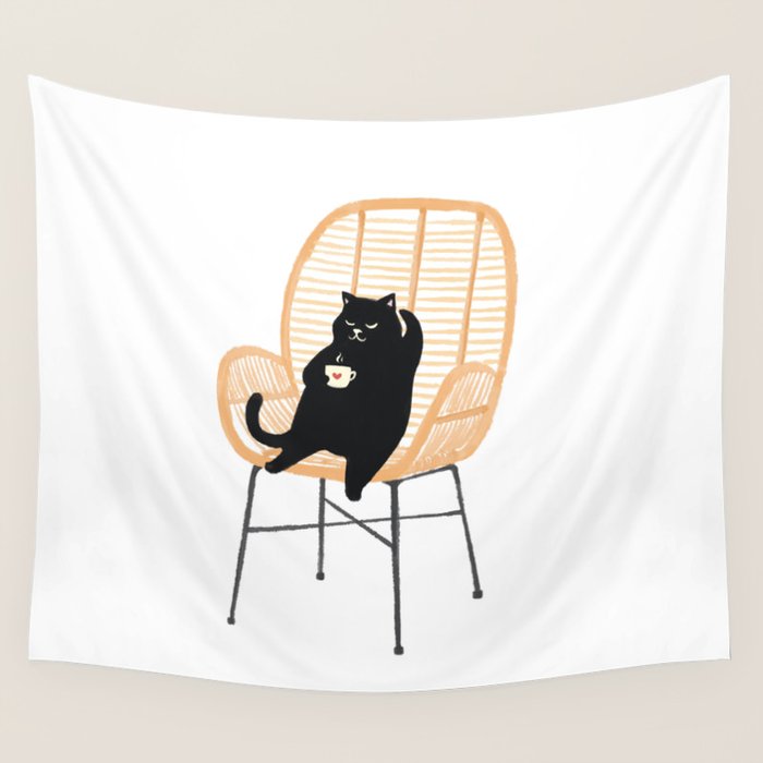 Lazy cat 2 enjoying coffee on rattan chair  Wall Tapestry Gallery Image 4