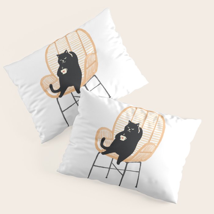 Lazy cat 2 enjoying coffee on rattan chair  Pillow Sham Gallery Image 1