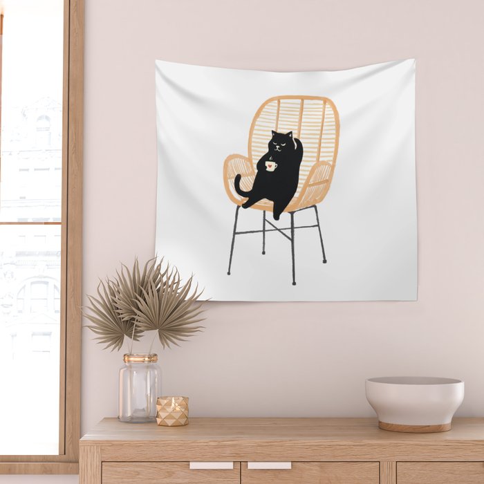 Lazy cat 2 enjoying coffee on rattan chair  Wall Tapestry Gallery Image 2